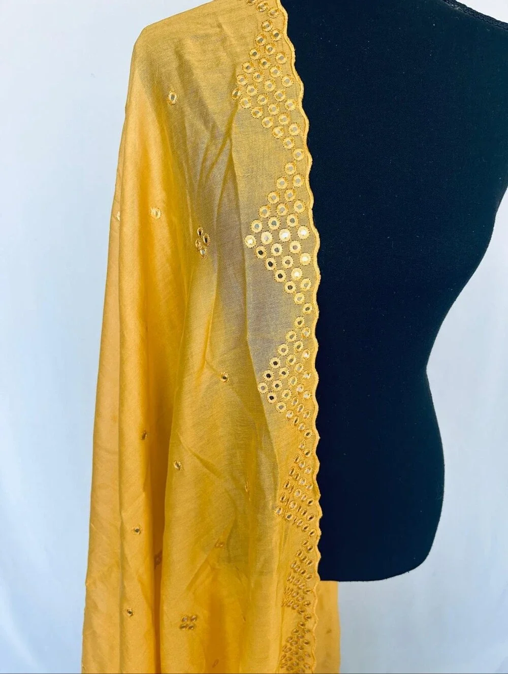 Yellow Embroidered Cotton Women Dupatra With Mirror Embellishments